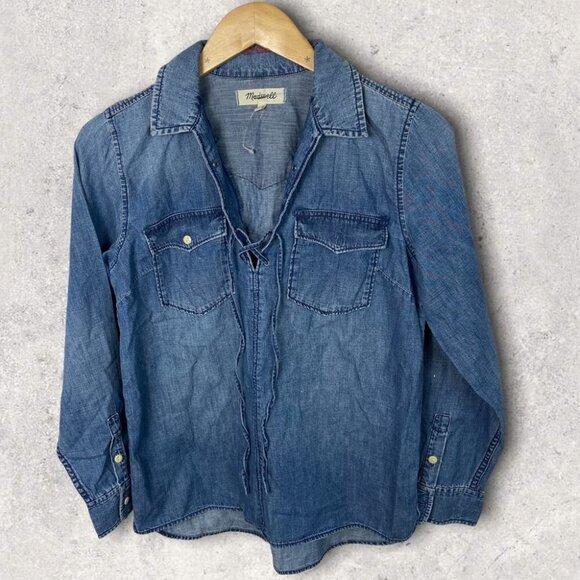 Madewell Denim Lace-Up Shirt Chester Wash Chambray Blue Size Small Popover‎ Boho - Picture 2 of 8